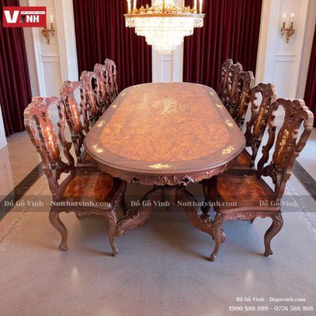 Bàn Ăn Oval 10 Ghế Cẩn Ốc