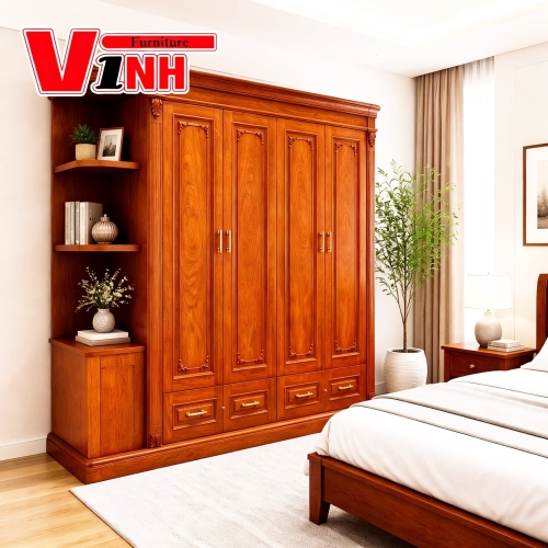 Tủ Áo 4 cánh - 1 kệ Gỗ Gõ Đỏ