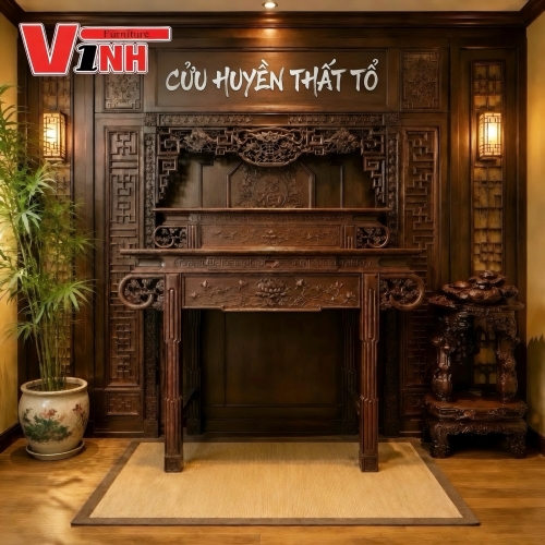 Án Thờ Hoa Sen 1m76 2 Cấp Gỗ Chiu Liu
