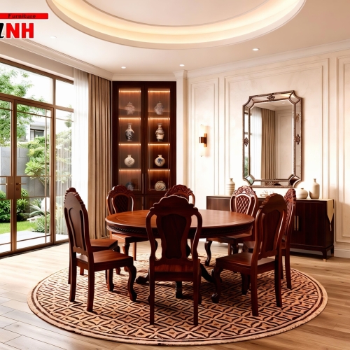 Bộ bàn tròn + 8 ghế caro - gỗ Tràm rừng