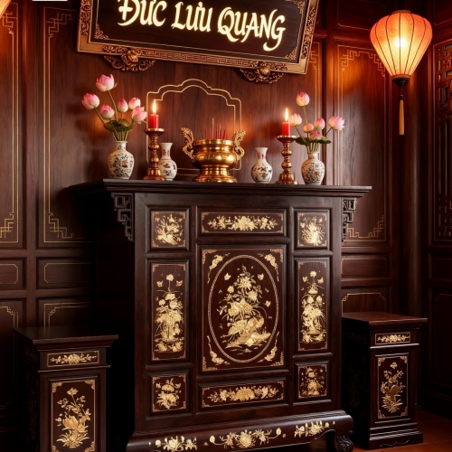 Tủ Thờ 1m33 Cẩn Ốc Gỗ Muồng