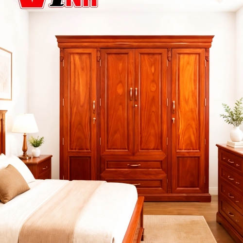 Tủ Áo 4 cánh Hoa lá Tây Gỗ Gõ Đỏ 