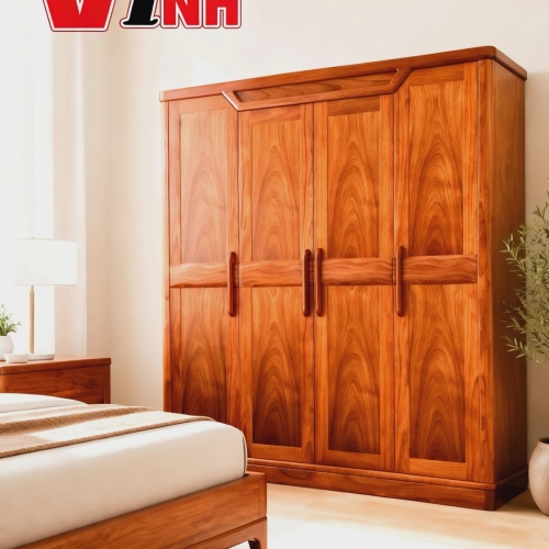 Tủ Áo 4 cánh Sóng Thuyền Gỗ Gõ (phủ)