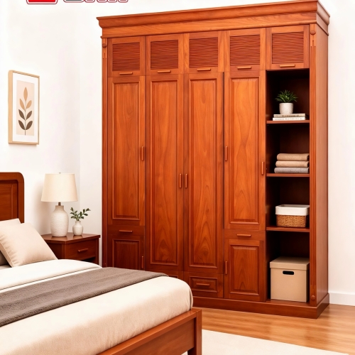 Tủ Áo 4 cánh - 1 kệ Full Trần Gỗ Gõ Đỏ