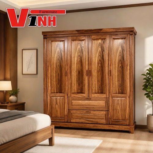 Tủ Áo 4 Cánh Gỗ Hương Xám (Phủ)
