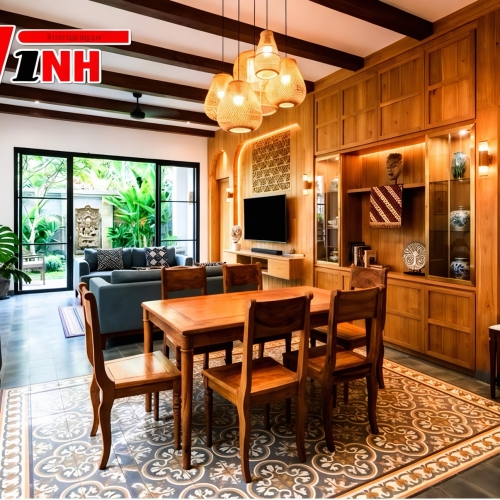 Bộ bàn ăn chân tiện 8 ghế - gỗ tràm + gõ đỏ