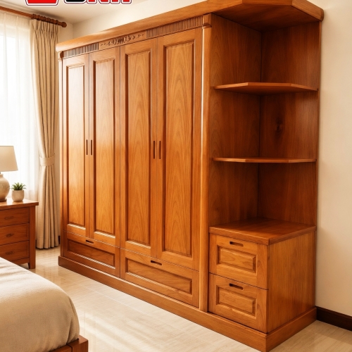Tủ Áo 4 cánh - 1 kệ Gỗ Gõ (phủ)