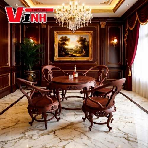 Bộ Ghế Minh Tròn Tay Xoắn Ốc 7 Món VIP - Gỗ Cẩm Lai