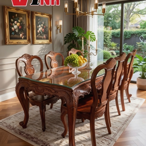 BỘ BÀN ĂN LOUIS + 6 GHẾ GỖ GÕ ĐỎ