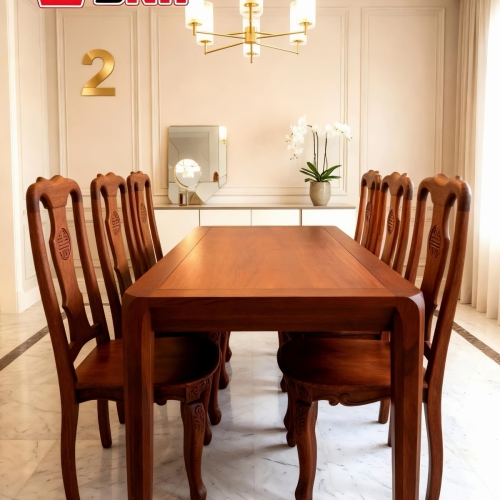 BỘ BÀN ĂN HCN CHÂN VÁT + 6 GHẾ THỌ GỖ GÕ ĐỎ 