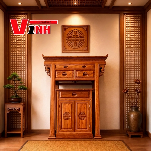 Án Thờ Sen 1m07 2 Món Gỗ Gõ Đỏ