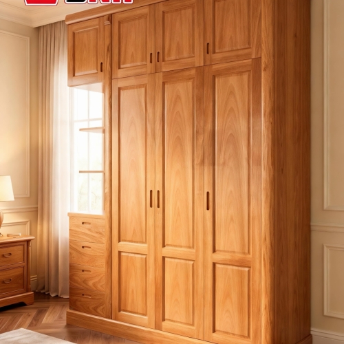 Tủ Áo 4 Cánh – 1 Kệ Full Trần Gỗ Gõ (Phủ)
