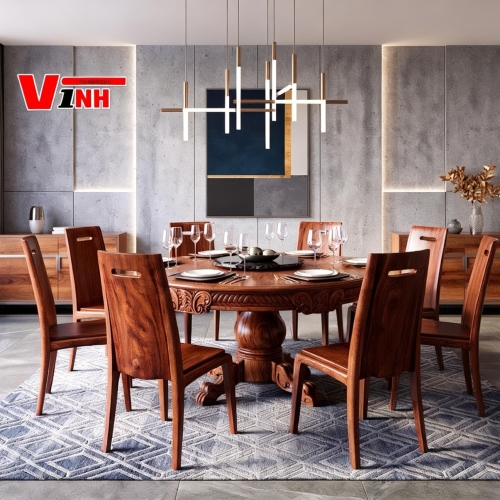 Bộ bàn tròn 8 ghế Caste - gỗ Gõ Đỏ