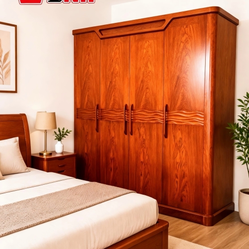 Tủ Áo 4 cánh Sóng Thuyền Gỗ Hương Đá (Phủ)