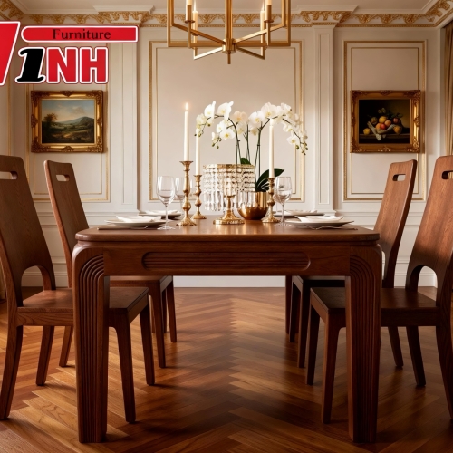 BỘ BÀN ĂN HCN CHÂN UỐN + 4 GHẾ GỖ TẦN BÌ