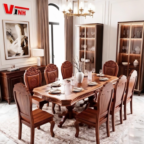 Bộ bàn ăn Bánh Tây 8 ghế chữ lộc - gỗ tràm rừng