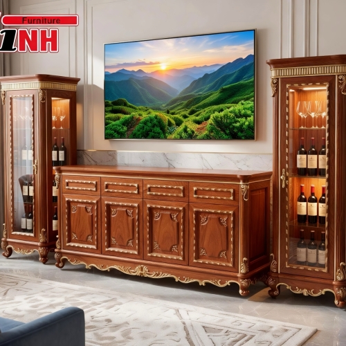 Tap Tivi Tân Cổ Điển mạ vàng Gỗ Gõ Đỏ