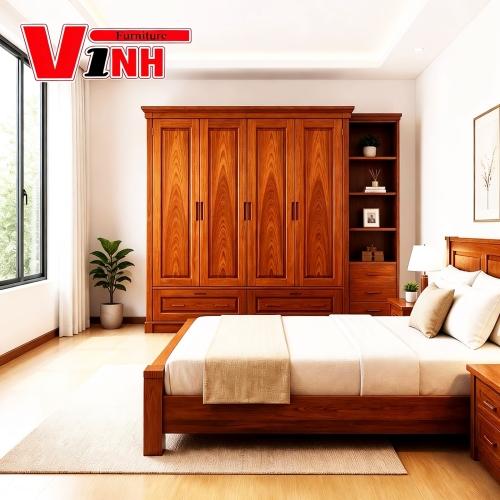 Tủ Áo 4 cánh - 1 kệ Gỗ Gõ (phủ)