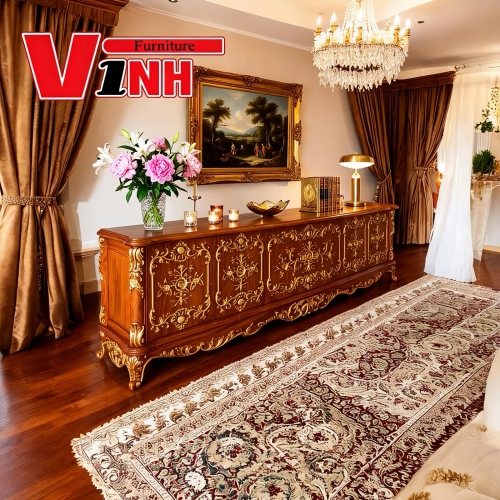 Kệ TV Hoàng Gia Versa Mạ Vàng Gỗ Gõ Đỏ
