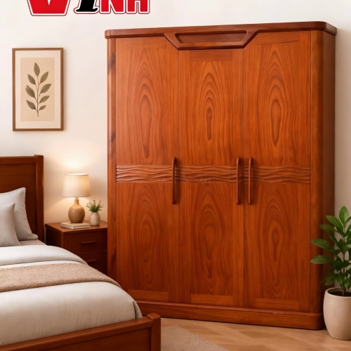 Tủ Áo 3 cánh Sóng Thuyền Gỗ Gõ (phủ)