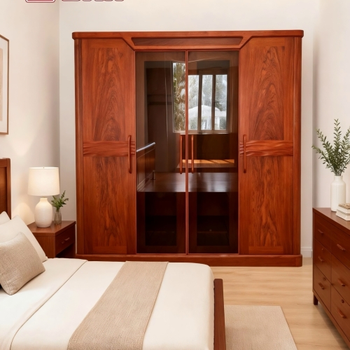 Tủ Áo 4 cánh - 2 cánh kiếng Sóng Thuyền Gỗ Hương Đá (Phủ)