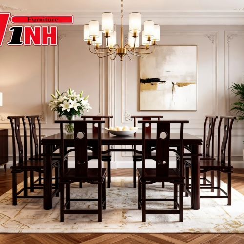 BỘ BÀN ĂN HCN + 8 GHẾ 2 LỖ GỖ MUỒNG