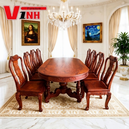 Bộ Bàn Oval + 8 ghế Đào Cẩm Lai VIP